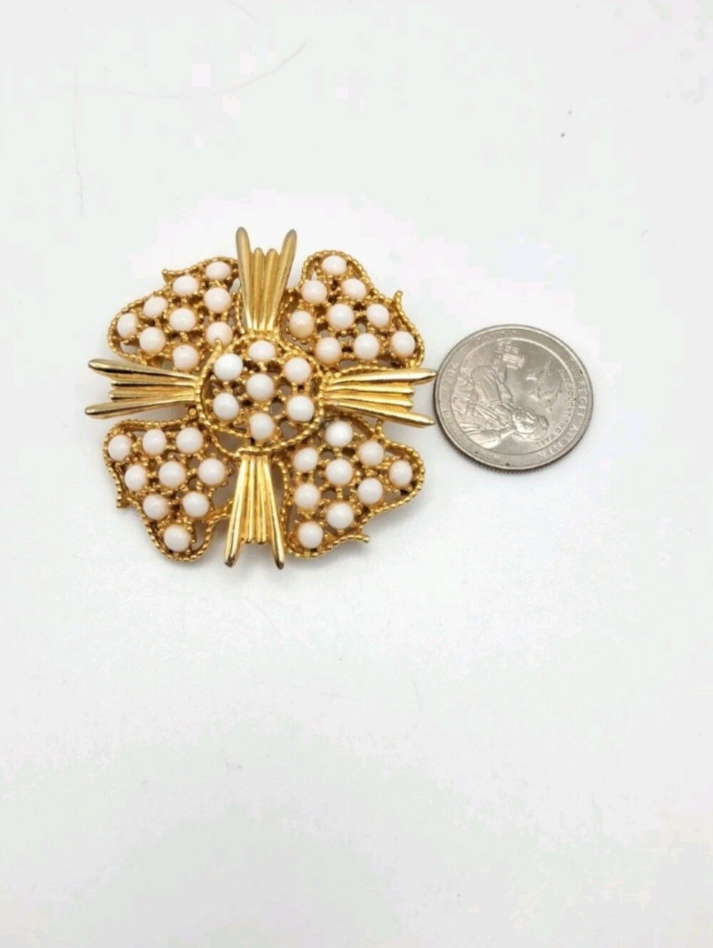 Hattie Carnegie Gold Tone Brooch With White Milk Glass Beads
